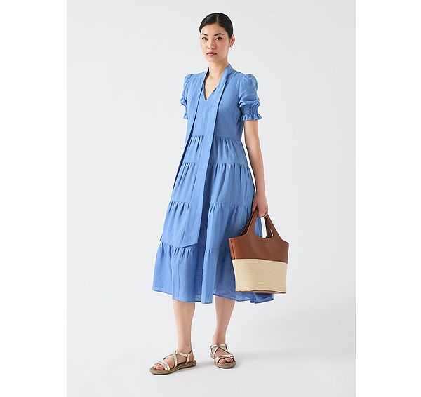 l.k. bennett Flo Soft Blue Linen Tie Neck Tiered Dress