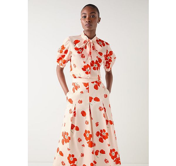 l.k. bennett Flora Ivory & Orange Block Floral Sateen Blouse