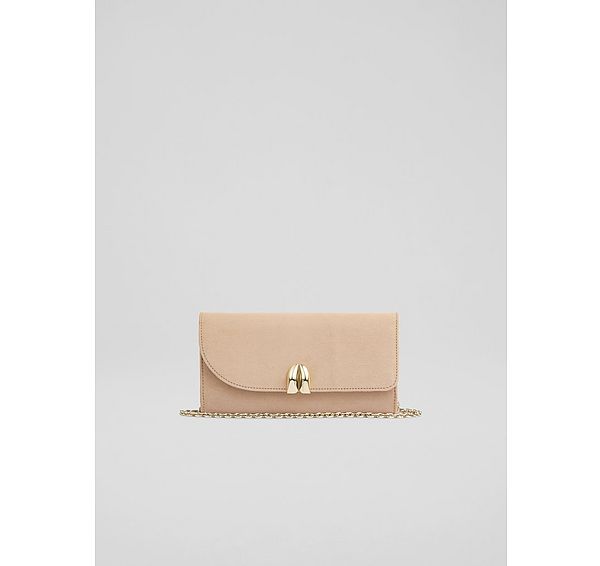 l.k. bennett Florence Neutral Suede Curve Flap Clutch Bag
