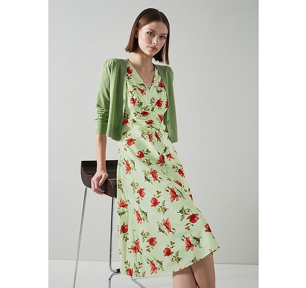 l.k. bennett Gabbi Green And Pink Giant Poppy Print Stretch Silk Dress