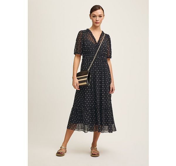 l.k. bennett Gigi Black & Birch Plissè© Polkadot Midi Dress