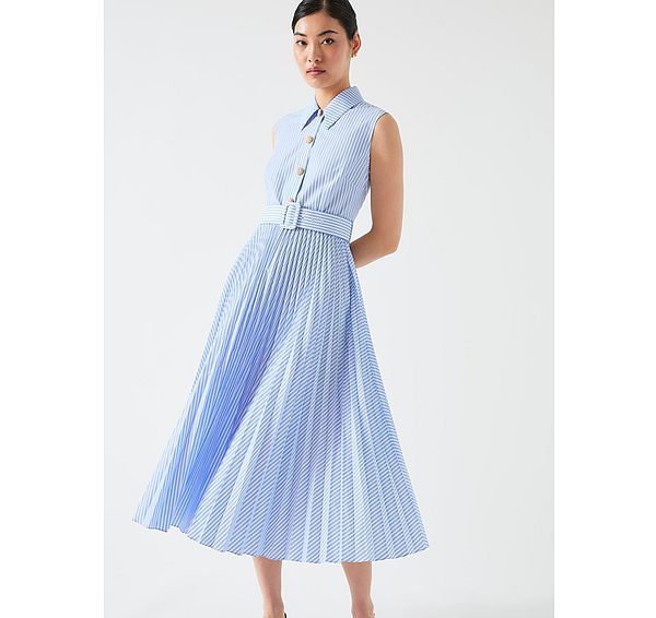 l.k. bennett Hally Blue & White Cotton Pleated Stripe Dress
