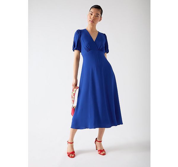 l.k. bennett Hermia Mazarine Blue Viscose Petal Sleeve V-Neck Flared Dress