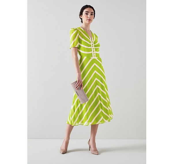 l.k. bennett Holzer Green And Pink Chevron Stripe Silk Dress