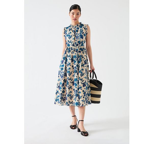 l.k. bennett Isolde Birch & Blue Cotton Voile Dress With Frill Detailing