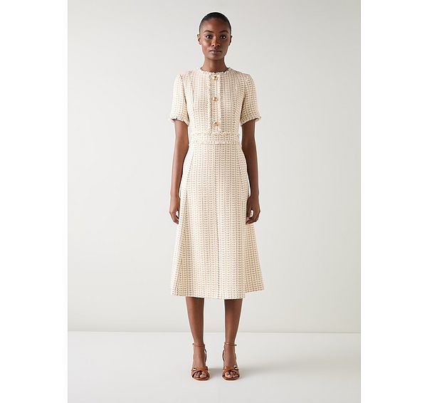 L.k. Bennett Julia Camel Tweed Check Gold Button Dress