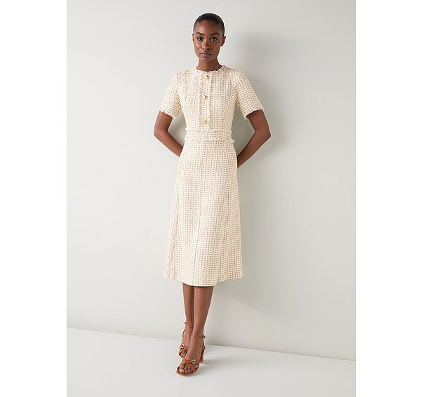 l.k. bennett Julia Camel Tweed Check Gold Button Dress