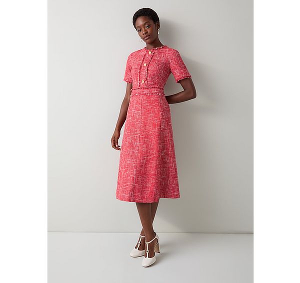 l.k. bennett Julia Red Cream Tweed Check Gold Button Dress