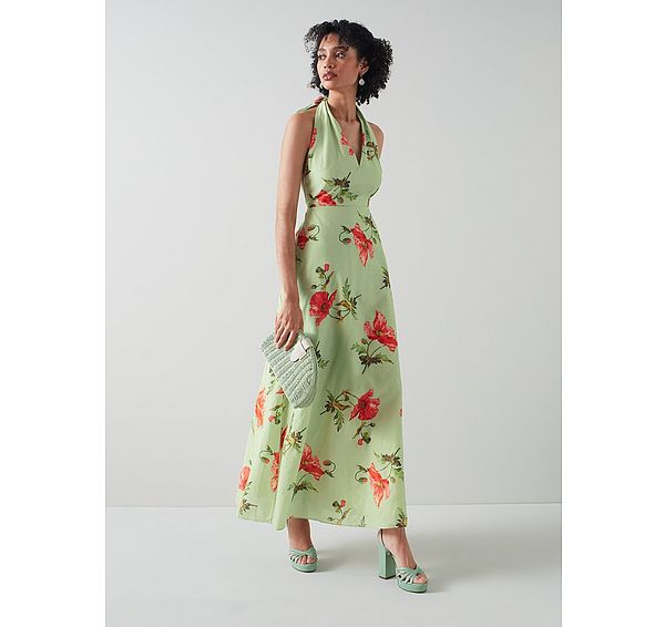 l.k. bennett Kristen Pistachio Poppy Print Cotton-Silk Backless Dress
