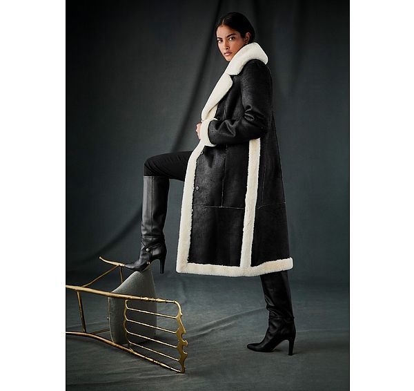 l.k. bennett Adora Black & Cream Faux Fur Long Coat