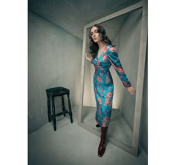 l.k. bennett Celeste Teal Blue Floral Satin Dress