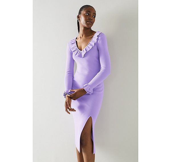 l.k. bennett Grace Lilac Rib Knit Frilled Dress