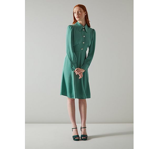 l.k. bennett Mira Green Crepe Long Sleeve Tea Dress