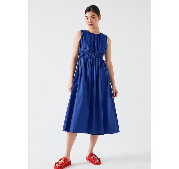 l.k. bennett Lea Mazarine Blue Cotton Gathered Tie Waist Dress
