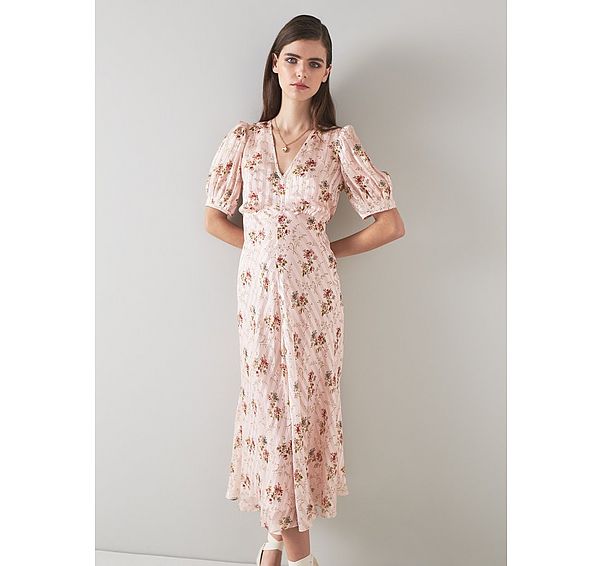 l.k. bennett Leith Pink Wildflower Potpourri Silk Metallic Stripe Dress