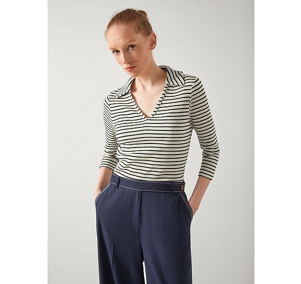 l.k. bennett Lena Cream & Black Stripe Rib Collar Sleeved Jersey Top