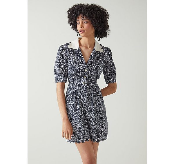 l.k. bennett Lita Navy and Cream Sail Boat Print Silk Playsuit