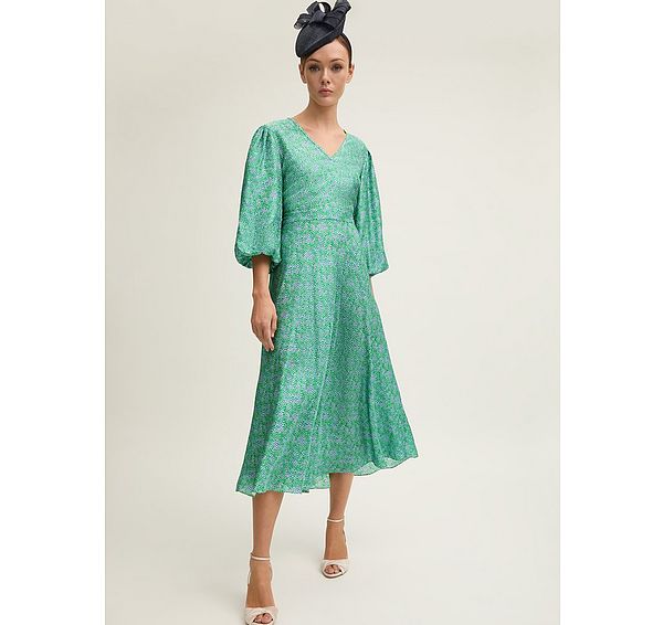 l.k. bennett Lola Birch & Green Blossom Print Jacquard Dress With Statement Sleeve
