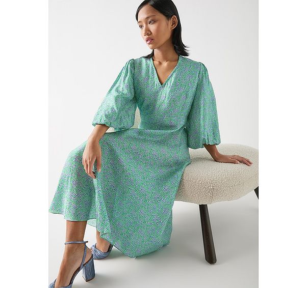 l.k. bennett Lola Petite Birch & Green Viscose Blend Blossom Print Jacquard Dress With Statement Sleeve