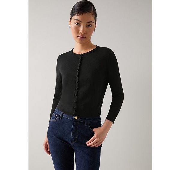 l.k. bennett Lottie Black Plain Merino Cotton Fine Gauge Cardigan