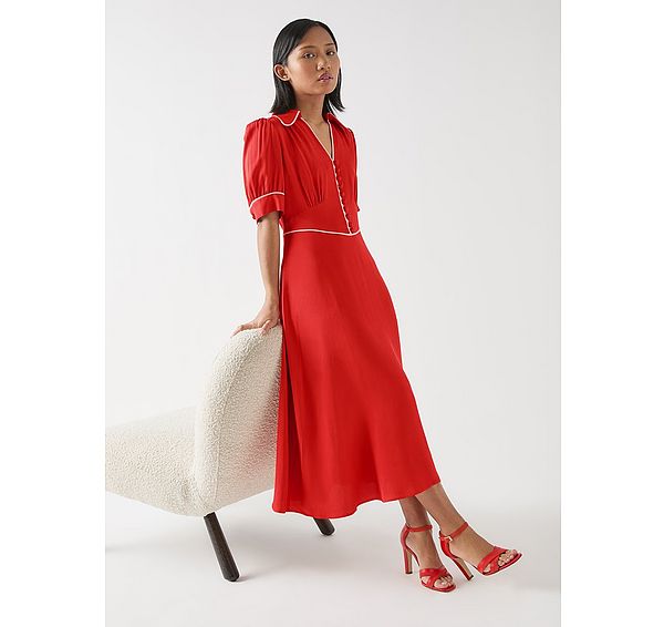 l.k. bennett Lou Petite Aurora Red & Soft Pink Viscose Contrast Trim Satin Crepe Dress