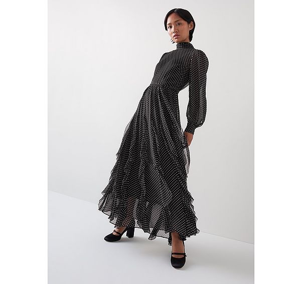l.k. bennett Lucie Petite Black & Ivory Polkadot Ruffle Maxi Dress