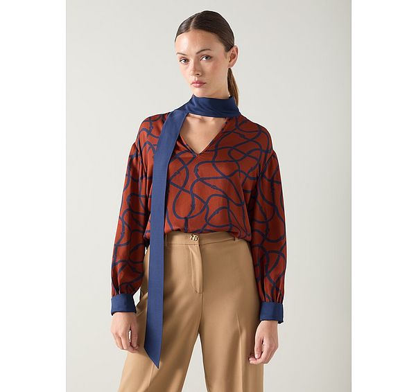 l.k. bennett Lucille Rope Print Orange Silk Tie Neck Blouse