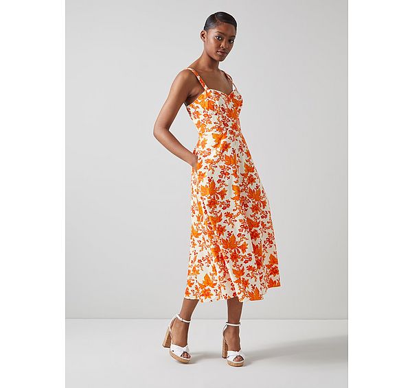l.k. bennett Lucy Orange Vine Leaf Print Cotton Sun Dress
