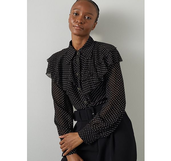 l.k. bennett Margaux Black & Ivory Ruffle Shoulder Blouse