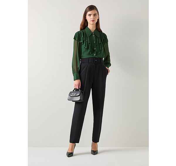 l.k. bennett Margaux Dark Green Ruffle Shoulder Blouse
