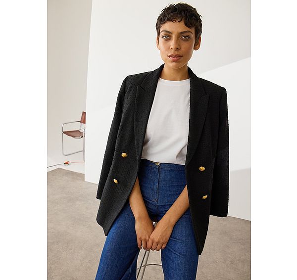 l.k. bennett Mariner Black Tweed Recycled Cotton Double Breasted Tailored Jacket