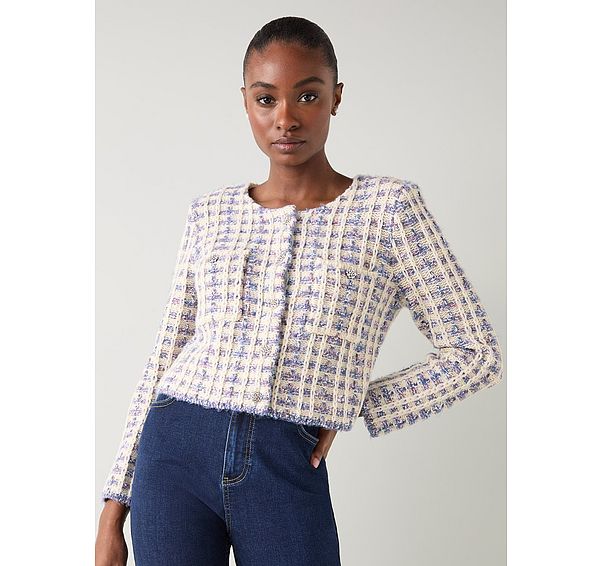 l.k. bennett Millie Ivory Tweed Fluffy Shoulder Pad Cardigan