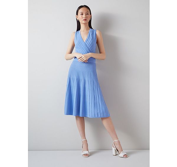 l.k. bennett Mona Blue Metallic Thread Rib-Knit Dress