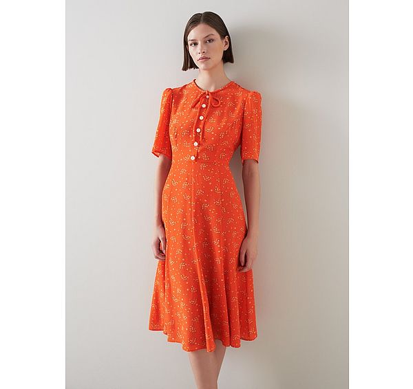 l.k. bennett Montana Orange Flower Bow Print Silk Tea Dress