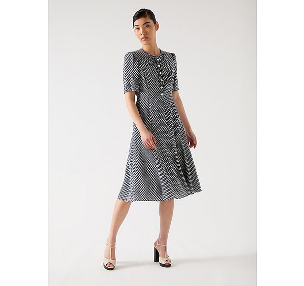 l.k. bennett Montana Spring Navy & Ivory Silk Fit And Flare Bow Detail Silk Dress