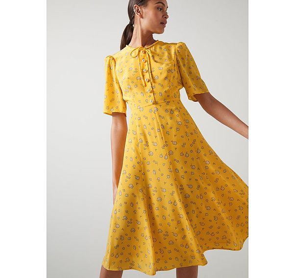 l.k. bennett Montana Yellow Naive Floral Print Silk Tea Dress