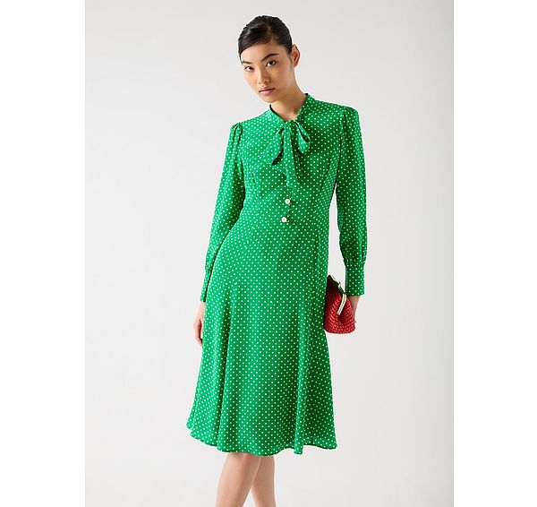 l.k. bennett Mortimer Fern Green & Ivory Silk Silk Spot Tie Neck Dress