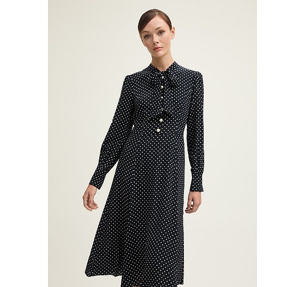 l.k. bennett Mortimer Spring Navy & Ivory Silk Spot Tie Neck Dress