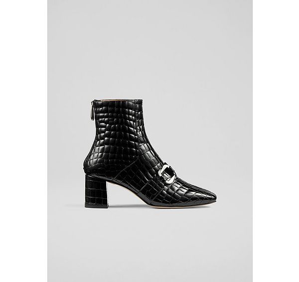 l.k. bennett Nadima Black Patent Croc Leather Ankle Boots