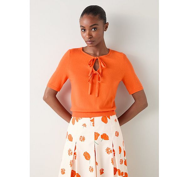 l.k. bennett Nerys Dark Orange Cotton Blend Bow Detail Knitted Top