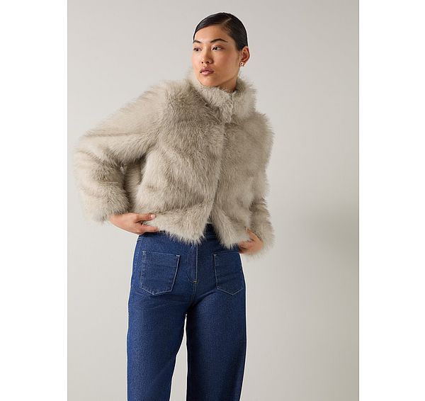 l.k. bennett Noah Ivory Faux Fur Polyester Cropped Jacket