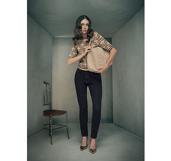 l.k. bennett Odette Navy Camel Monogram Short Sleeve Top