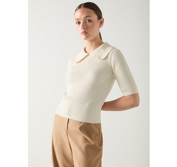 l.k. bennett Ophelia Ivory Cotton Scallop Collar Ribbed Knitted Top