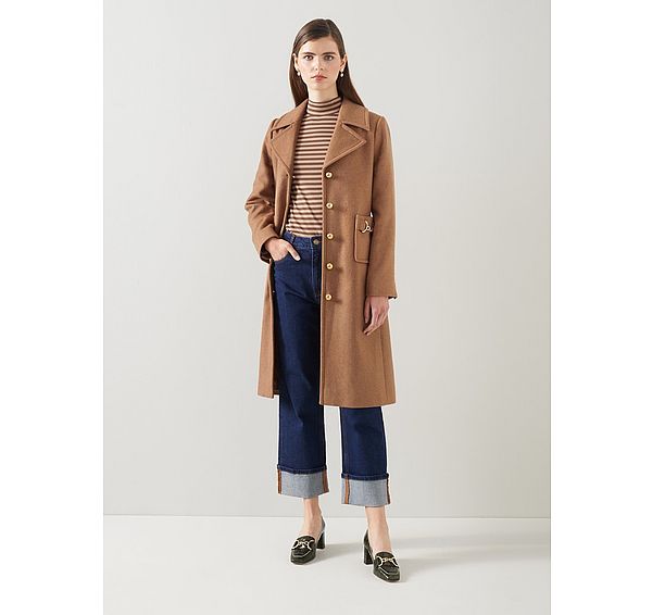 l.k. bennett Spencer Camel Italian Recycled Wool-Blend Snaffle Detail Coat
