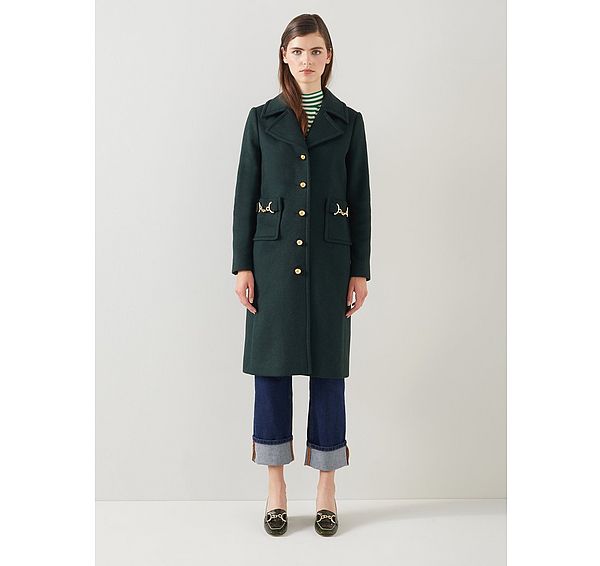 l.k. bennett Spencer Green Recycled Wool-Blend Snaffle Detail Coat