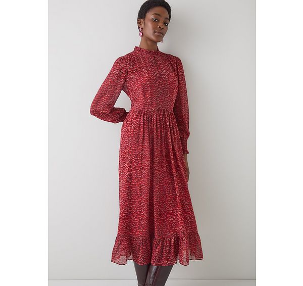 l.k. bennett Suzette Red Multi Feather Print Silk Maxi Dress