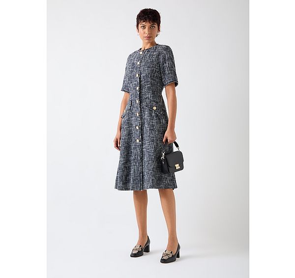 l.k. bennett Suzie Indigo & Black & Cream Cotton Blend Tweed Button Through Dress