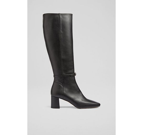 l.k. bennett Sylvia Black Leather Buckle-Detail Knee-High Boots
