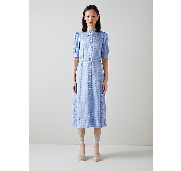 L.k. Bennett Valerie Blue And Cream Graphic Diamond Print Shirt Dress