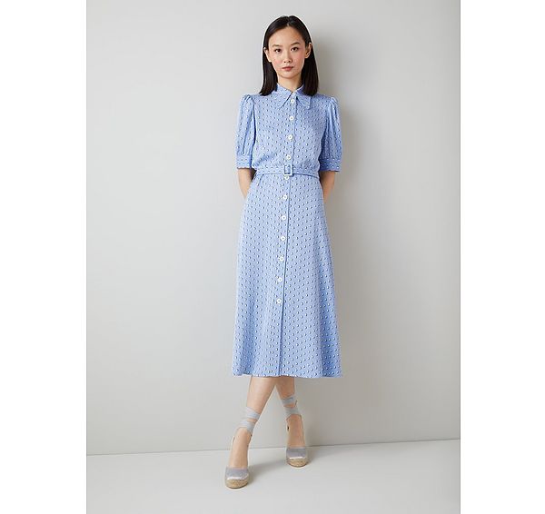 l.k. bennett Valerie Blue and Cream Graphic Diamond Print Shirt Dress